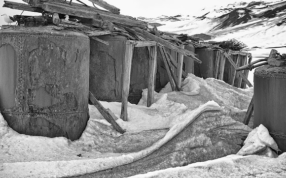 Rendering tanks for whale blubber, Whalers bay.  BW